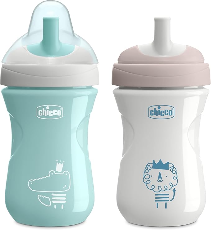 Chicco Sport Spout Trainer with Semi-Firm, Bite-Resistant Spout and Spill-Free Lid 9oz. | Top-Rack Dishwasher Safe | Easy to Hold with Ergonomic Indents | Sage/Grey, 2pk | 9+ months