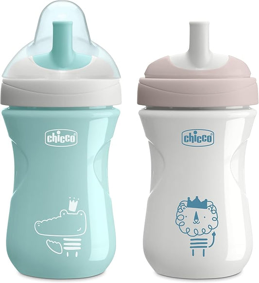 Chicco Sport Spout Trainer with Semi-Firm, Bite-Resistant Spout and Spill-Free Lid 9oz. | Top-Rack Dishwasher Safe | Easy to Hold with Ergonomic Indents | Sage/Grey, 2pk | 9+ months