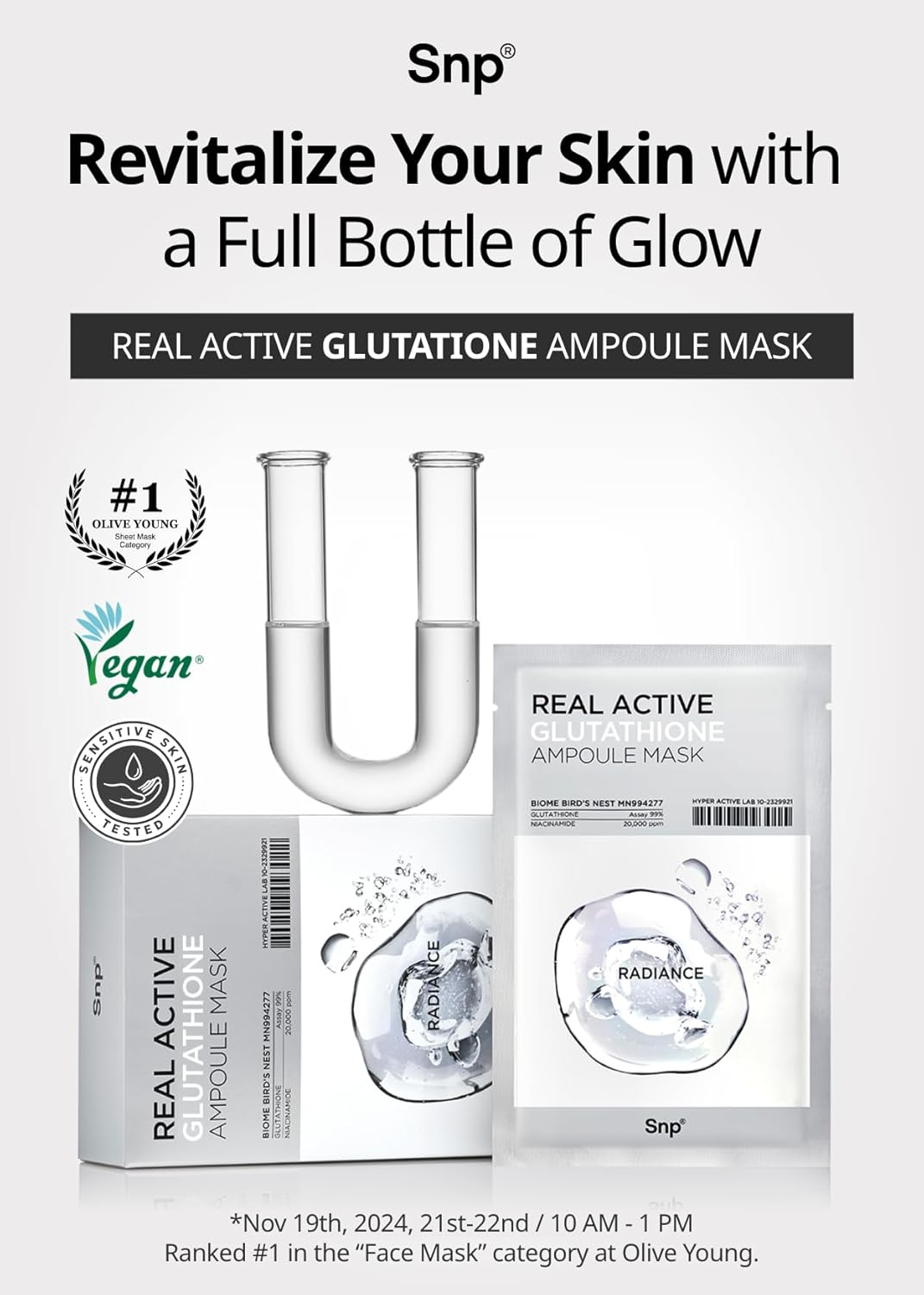 SNP Real Active Glutathione Ampoule Sheet Mask | Vegan Face Mask with Glutathione & Niacinamide | Revitalizing and Balancing for All Skin Types | Korean Face Masks Skincare | 10 Sheets