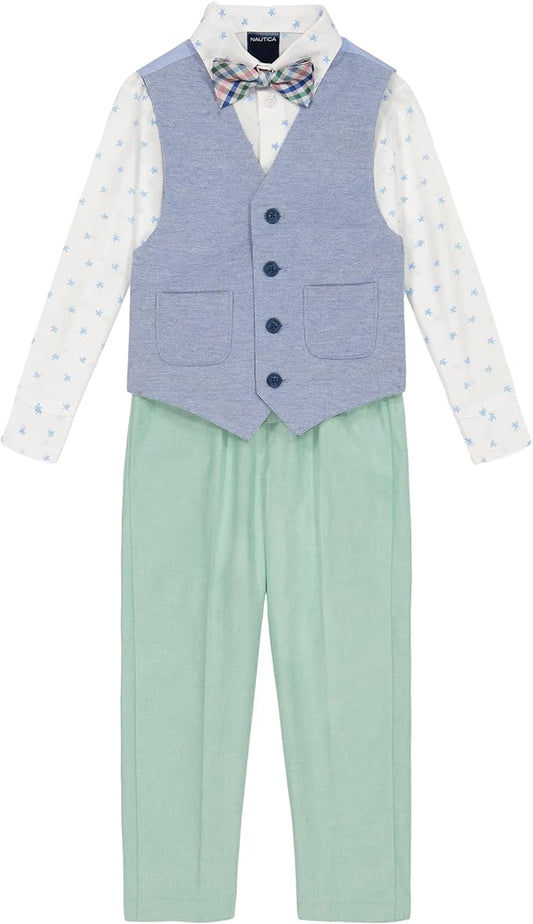 Nautica Boys' 4-Piece Formal Suit Set with Vest, Pants, Collared Dress Shirt, and Tie
