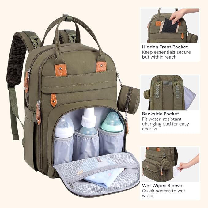 BabbleRoo Diaper Bag Backpack - Baby Essentials Travel Tote - Multi Function Water Resistant Diaper Bag, Travel Essentials Baby Bag with Changing Pad, Stroller Straps & Pacifier Case - Army Green