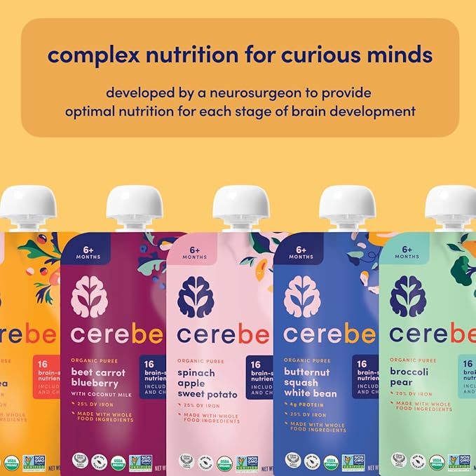 Cerebelly Organic Baby Food Pouches, Carrot Pumpkin Purees, 16 Nutrients, No Added Sugar, Fiber & Non-GMO, 4oz, 6 Pack