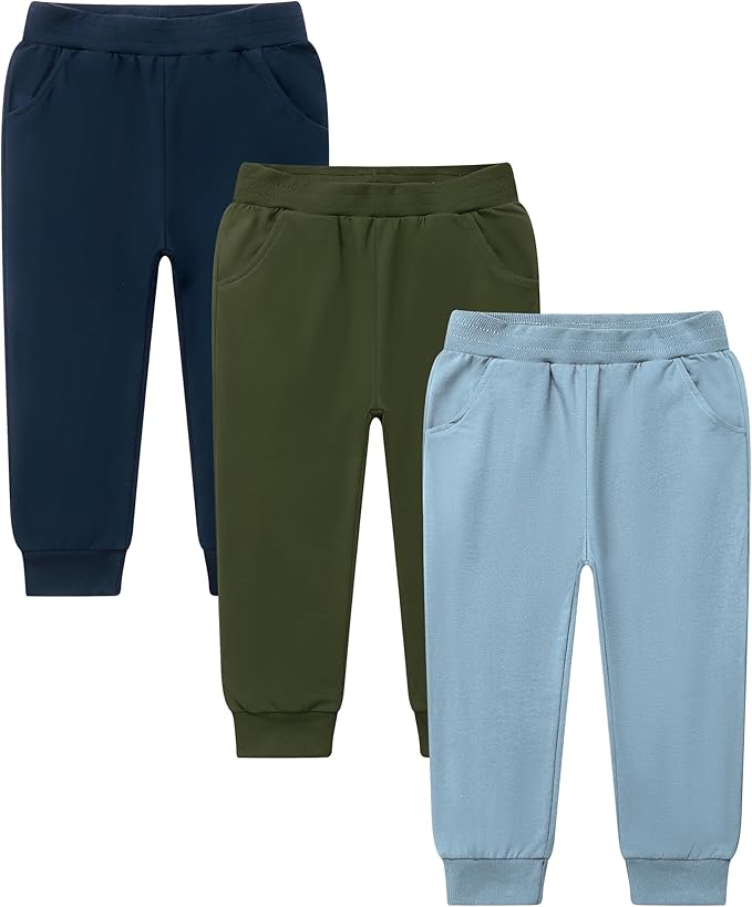 GFQLONG 2/3 Pack Toddler Pants Sweatpants Boys Cotton Joggers, Athletic Pull on Sweat Pants with Pockets for Kids Clothes