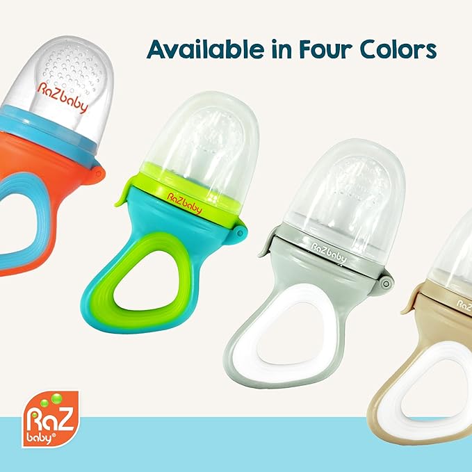 RaZbaby Baby Solids/Frozen Fruit Feeder Pacifier, Infant Teether Toy 6M+, BPA-Free, Safely Introduce Solids, Natural Teething Relief, Dishwasher Safe, Freezable – Blue & Orange 2-Pack