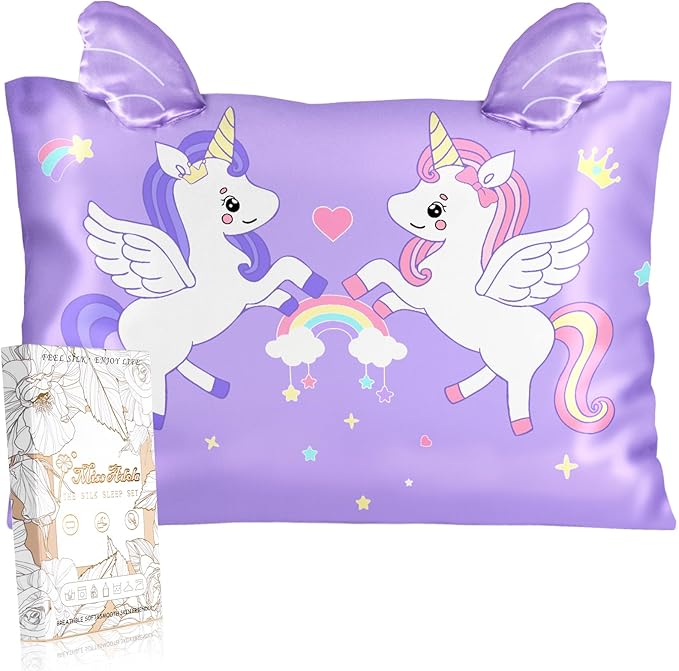 Toddler Pillowcases 13"x18" for Kids - Cute Cartoon Soft Breathable Silk Pillow Cases for Hair and Skin with Hidden Zipper for Girls Fun Kawaii Design for Bedding, Two Unicorns