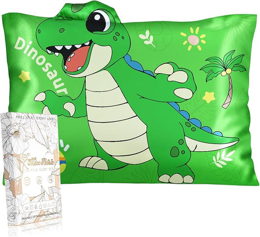 Toddler Pillowcases 13"x18" for Kids - Cute Cartoon Soft Breathable Silk Pillow Cases for Hair and Skin with Hidden Zipper for Girls Fun Kawaii Design for Bedding, Green Dnosaur