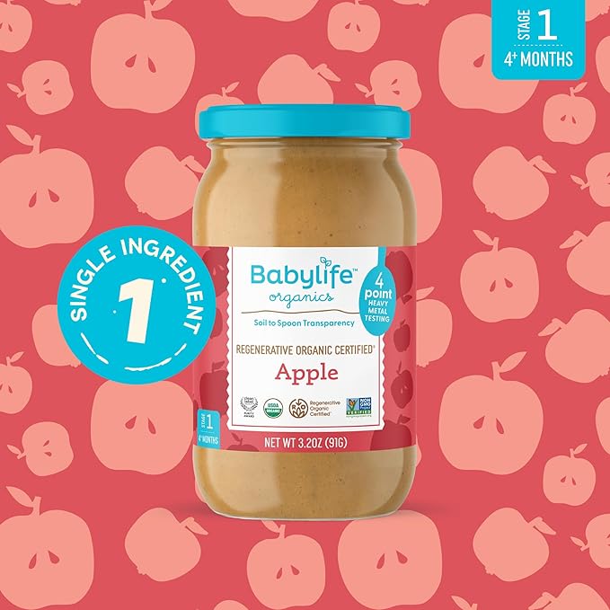 Babylife Organics Stage 1 - Apple, 3.2 Ounce Jar (1 Pack) - Heavy Metal Safe, Organic Baby Food