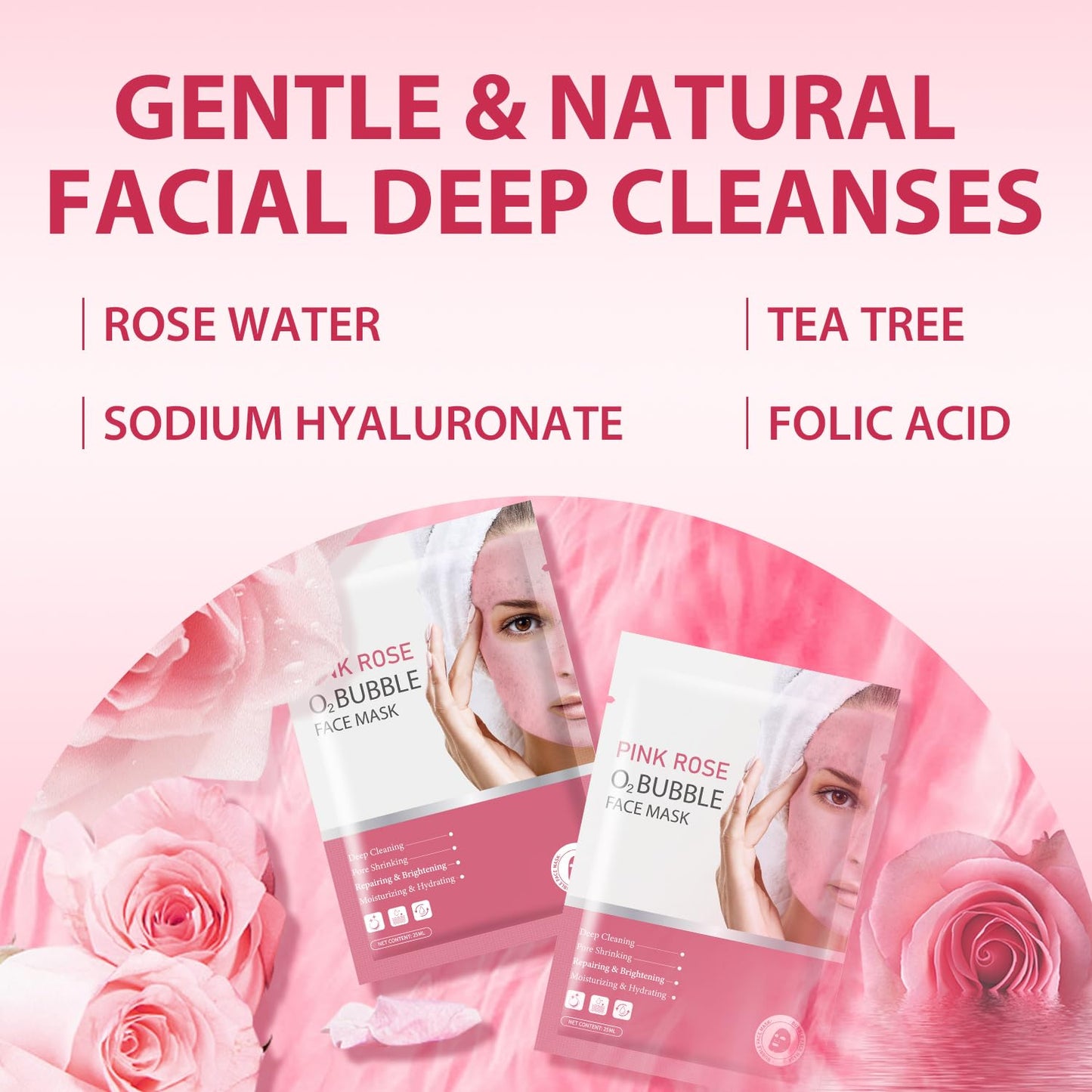 Pack of 10 Pink Rose O2 Bubble Face Masks Skincare, Spa Presents for Women, Bubble Face Sheet Mask Cleaner Foaming Purifying Facial Mask for Acne and Pores Moisturizing Beauty Sheet Masks