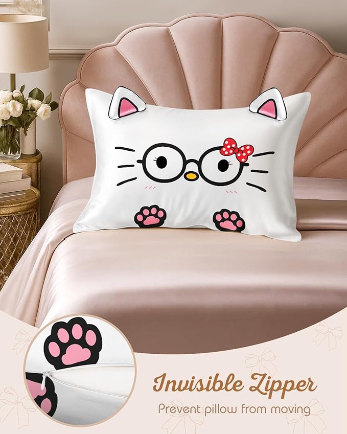 Kids Pillowcases Standard Size 20"x26" - Cute Cartoon Soft Breathable Silk Pillow Cases for Hair and Skin with Hidden Zipper for Women Fun Kawaii Design for Bedding, Glasses Cat