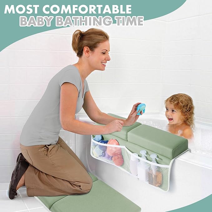 beiens Bath Kneeler and Elbow Rest Pad Set - 1.5'' Comfortable Thick Baby Bath Kneeler Pads, Quick Dry Soft Kneeling Pad for Baby Bath Time, Non-Slip Knee& Arm Support Bathtub Mat with Toys Organizer