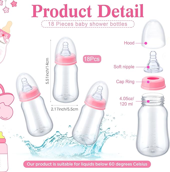 Roowest Bottle Chug Baby Shower Game Favors Including Pink Elephant Theme Wooden Sign and 18 Pcs Baby Bottles for Gender Reveal Party Supplies
