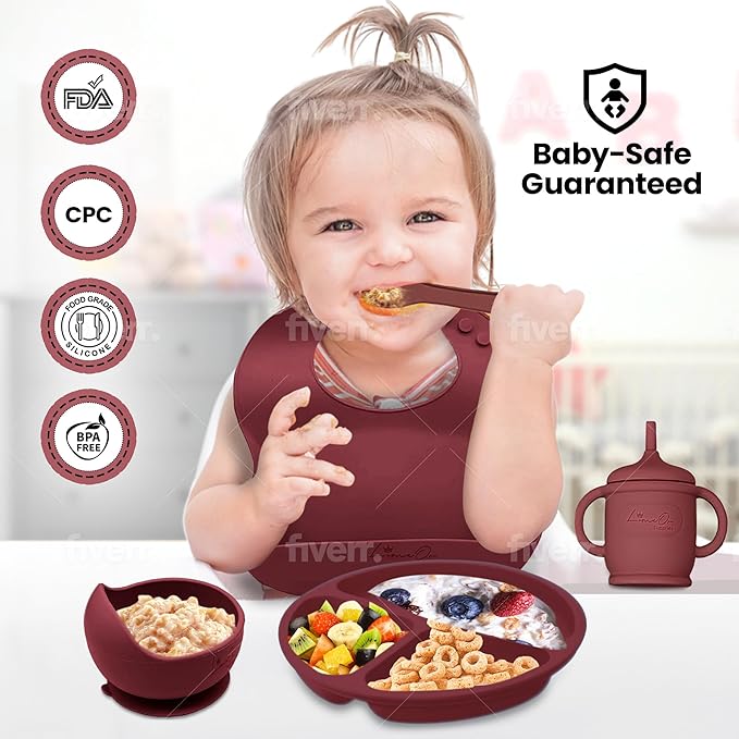 Silicone Baby Feeding Set – 10 Pcs Baby Led Weaning Supplies & Self Feeding Kit | Toddler Plates and Bowls Set, Bib, Fruit Feeder, Cup, Spoons & Forks – Empower Independence with LimeOr - Red-Wine