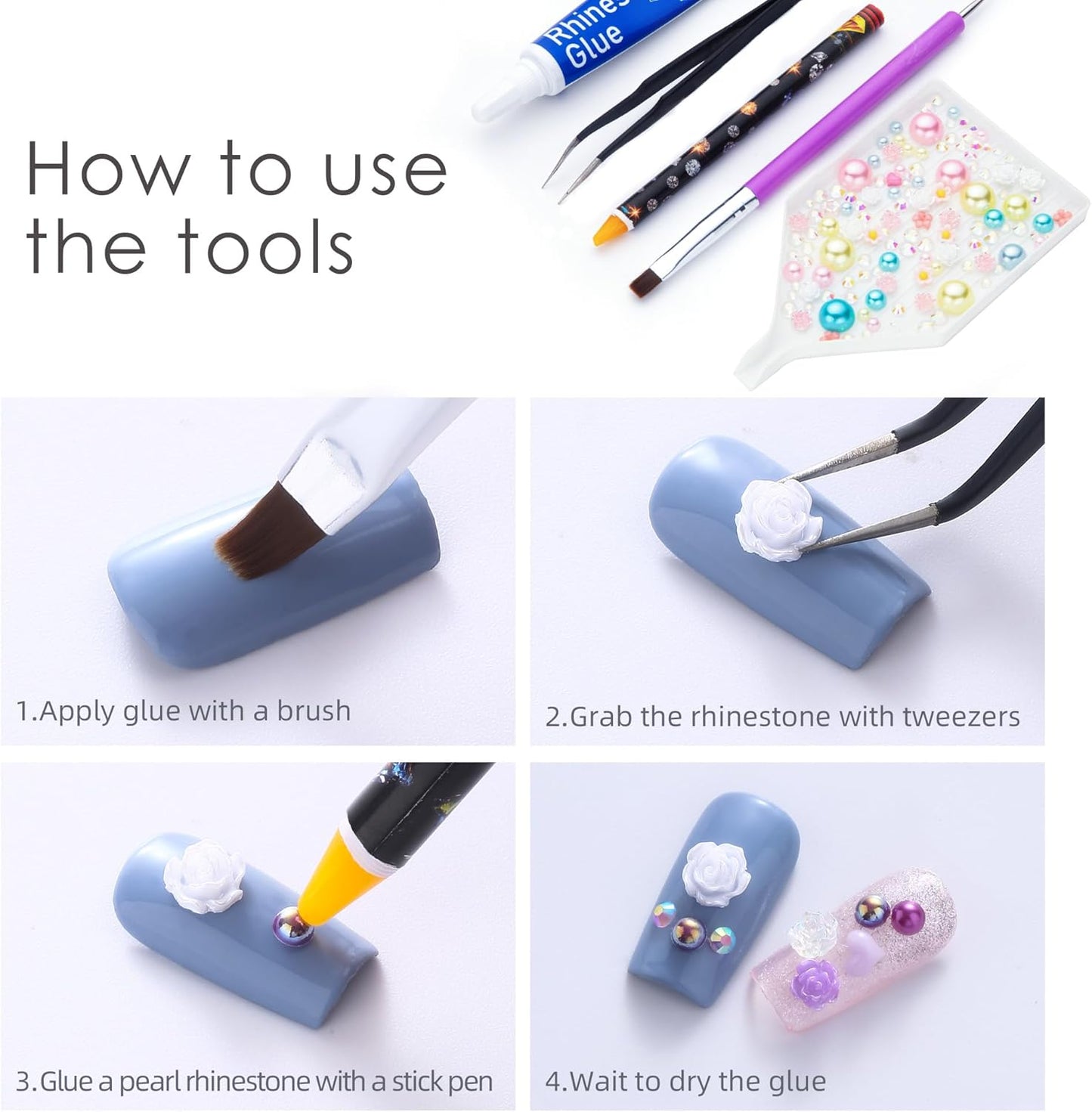 160g Cyan Citrine Flat Back Pearls Rhinestones with Gel for Crafts Mixed Size 3mm-10mm AB Color Round Half Pearls Flatback Pearl Beads and Resin Rhinestones Set for Face Art