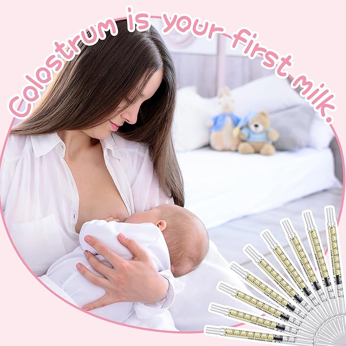 Trelaco Colostrum Collector Kit Include Sterile Sealed Breast Milk Syringes with Caps No Needle Colostrum Syringes Stickers 1 Measuring Cup Harvesting Collection for Breastmilk(100 Sets,1 ml)
