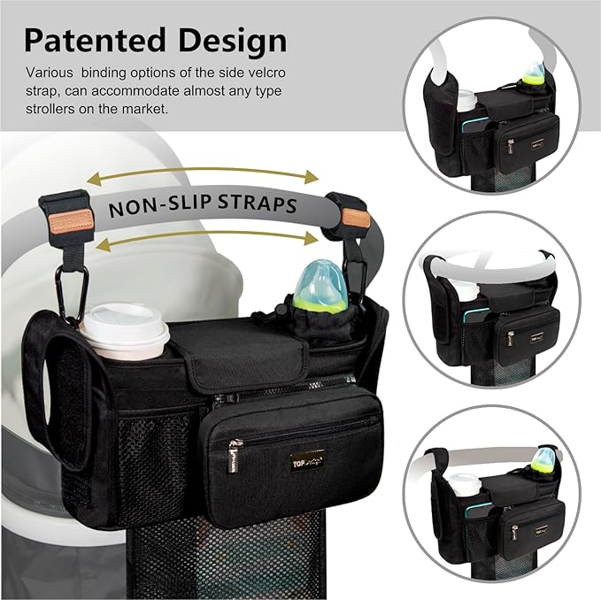TOPDesign Universal Baby Stroller Organizer, Stroller Caddy with Detachable Mesh Bag & Heightened Insulated Cup Holders & Non-Slip Secure Hooks Accessories, Fits Most Strollers (Cars)