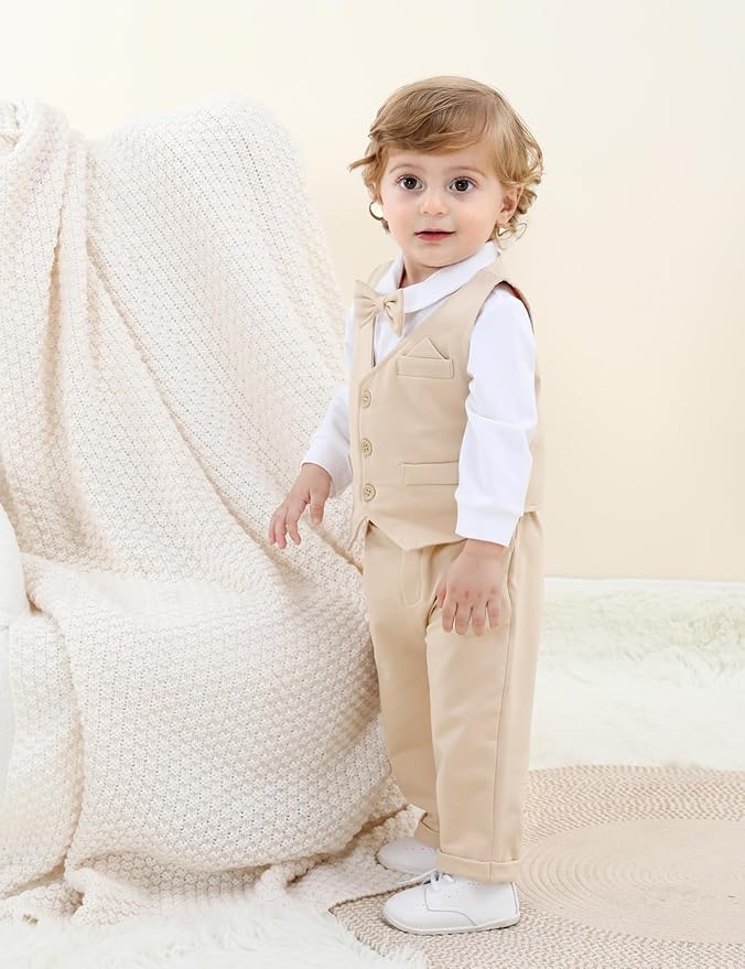 A&J DESIGN Baby Boy Suits Clothes Infant Toddler Formal Gentleman Outfits, Dress Shirt + Vest + Bow Tie + Pants Wedding Set