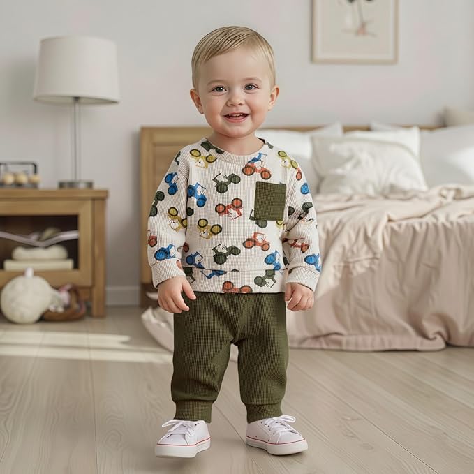Toddler Baby Boy Fall Clothes Waffle Outfit Long Sleeve Color Blocking Sweatshirt Pullover Jogger Pant Set
