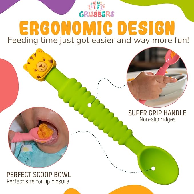 3-in-1 Silicone Baby Spoon Self Feeding 6+ Months - Pediatric OT Designed Teether Spoon, BPA Free Toddler Utensils, Mess-Free, Fun for Baby Led Weaning Supplies, Cow & Tiger