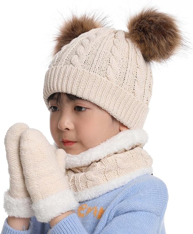 Duoyeree Baby Winter Hat Scarf Glove Beanie Set Girls Boys Pom Pom Knitted Beanie Mitten Scarves for Toddler 0-3T