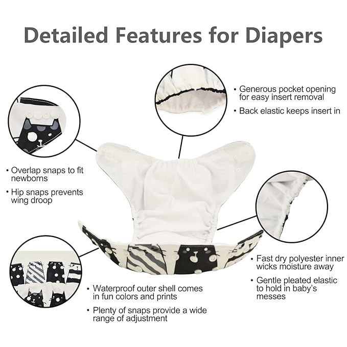 Babygoal Christmas Cloth Diapers 6 Pack with 10pcs Inserts, Reusable Adjustable Washable Baby Pocket Nappy Covers 6FN32