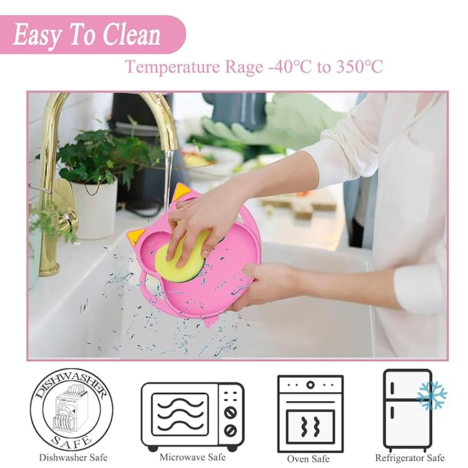 Baby Toddler Silicone Suction Plate with Spoon&Fork And Adjustable Bib Set,Silicone Baby Feeding Utensils Set，Baby Toddler Led Weaning Supplies Set-Pink Owl Set