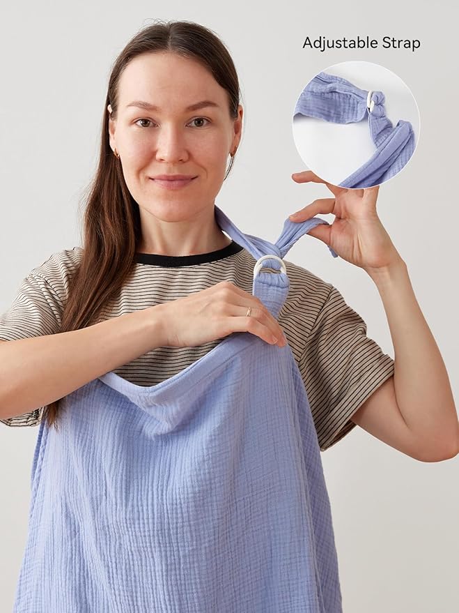 TILLYOU Muslin Nursing Cover for Baby Breastfeeding, 100% Cotton Breathable with Arch Neckline for Women, Blue