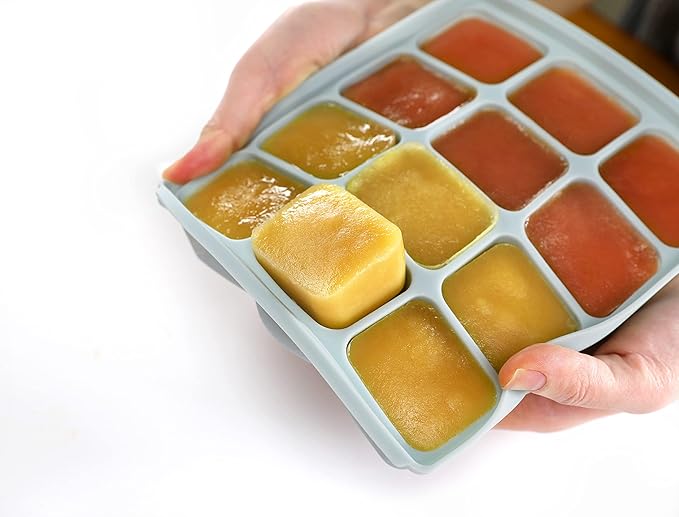 Silicone Freezer Tray, Baby Food Storage Cubes with Clip-On Lid, Freeze Baby Food, Soups, Purees, Ice, Easy and Safe Design, Made in Korea (12, Celadon Green)