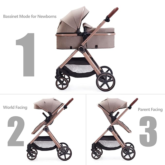 2 in 1 Baby Stroller, Newborn Infant Toddler Convertible Pram Stroller for 0-36 Months Old Babies (Beige)