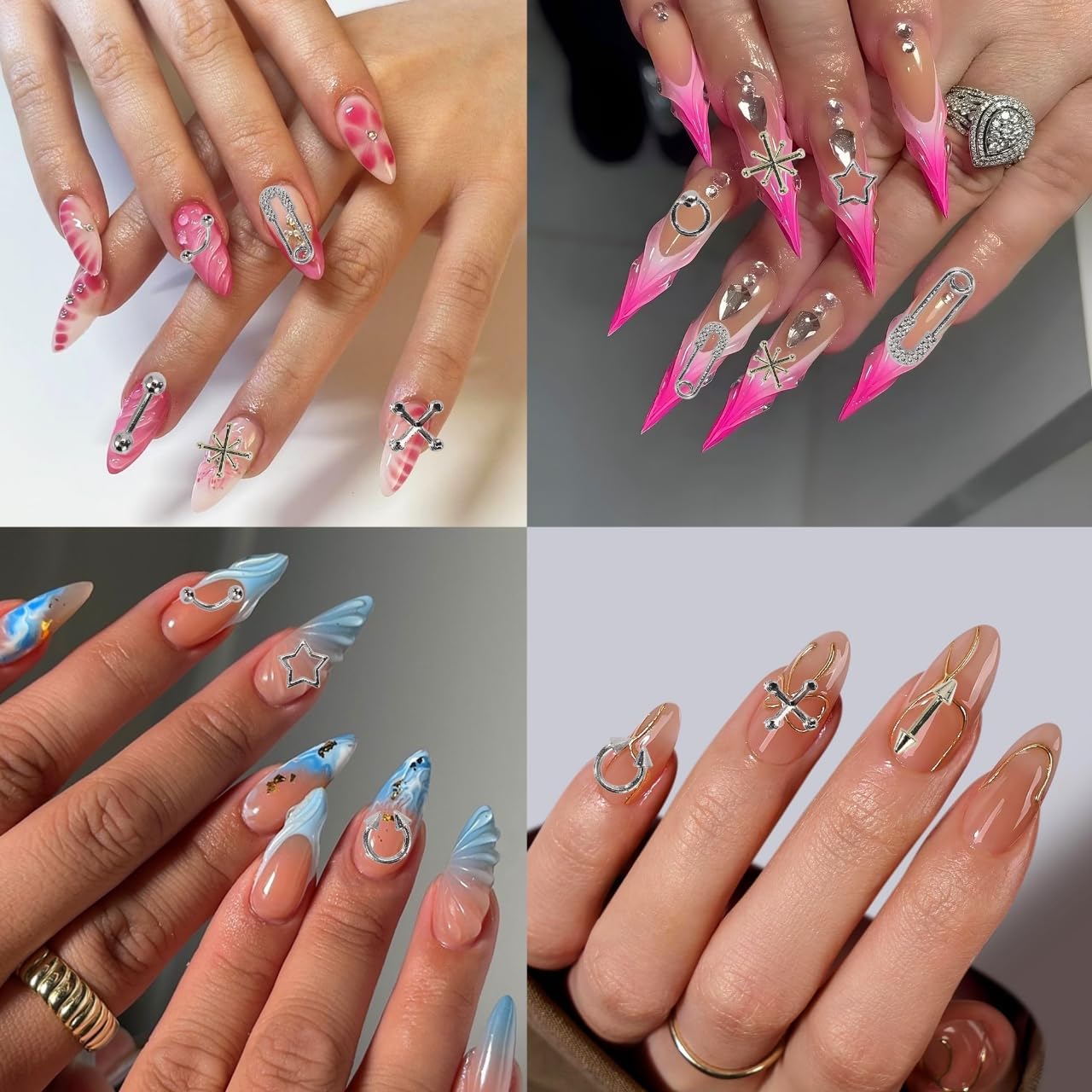 120 Silver Star Nail Charms - Gold Rivets Cross Nail Charms - 3D Crystal Nail Art, Y2k Retro Nail Rrt Cross Charm for DIY Designs Supplies B