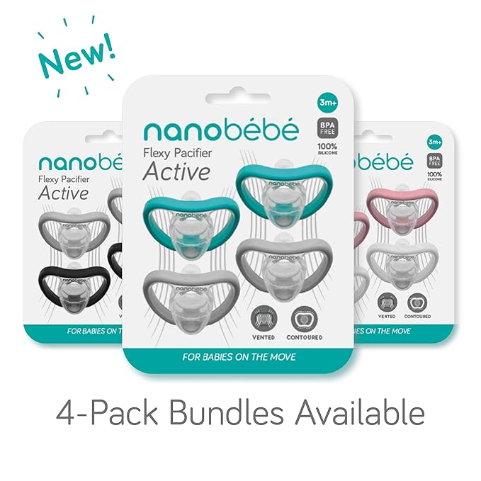 Nanobebe Active Baby Pacifiers 4-36 Months - Orthodontic, Lightweight and Vented, Curves Comfortably with Face Contour, 100% Silicone - BPA Free, Perfect Baby Registry Gift 4pk, Teal/Grey