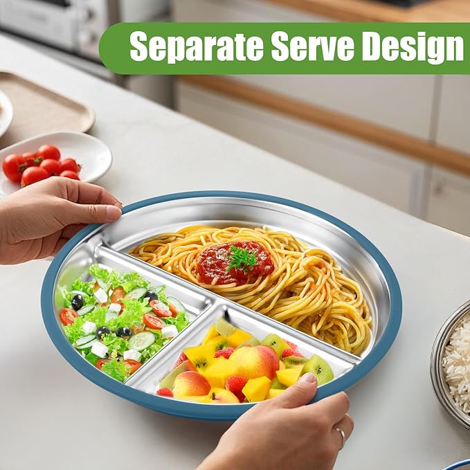 BUSOHA 2 Pack Stainless Steel Kids Plate with Suction - 9” Divided Toddler Baby Plates with Silicone Sleeves 2-in-1 Anti Breakage Metal Toddler Bowls Microwave Dishwasher Safe