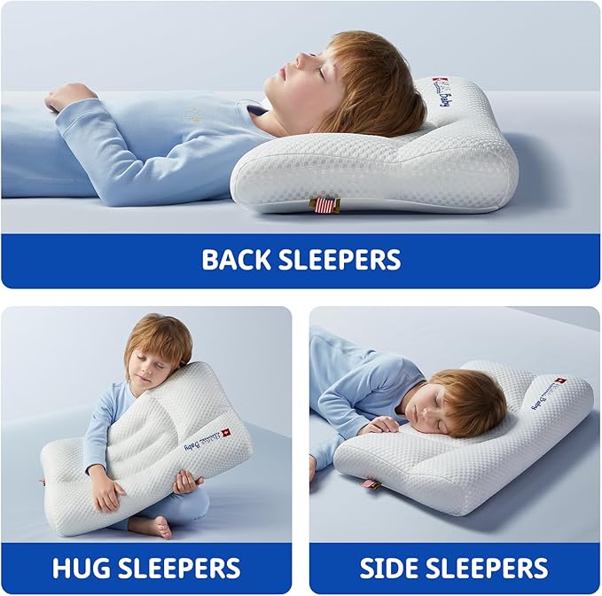 Toddler Pillow with Pillowcase, Breathable & Cozy Machine Washable Kids Pillow with Pillowcase, 21.6x13.8 Ergonomic Children Pillow for Boys and Girls Aged 3-8 (Blue, Height 2)