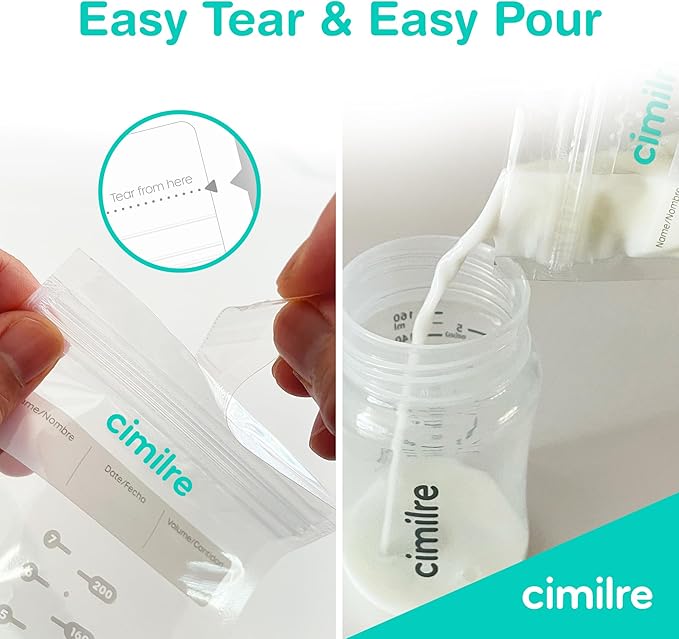 Breast Milk Storage Bags by Cimilre, Leak-Proof Breastmilk Storage Bags, Freeze Flat or Standing, 7 oz. Bags (100 Pack)