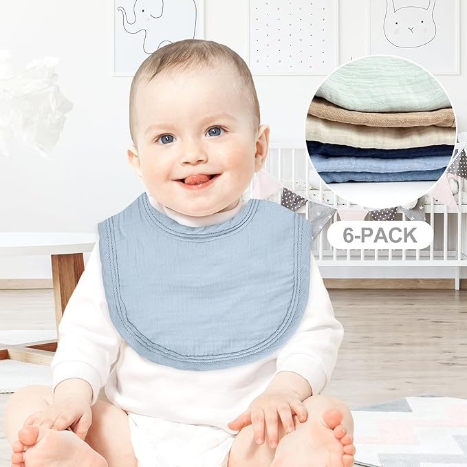 Muslin Baby Bibs 6 Pack for Unisex Girls & Boys, Adjustable Soft Cotton Baby Bibs for Drooling and Teething