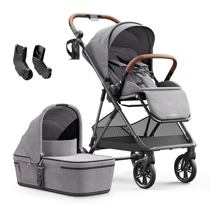 MAMAZING Air Lux Baby Stroller with Bassinet & Infant Car Seat Adapter, Lightweight Compact Carbon Fiber Frame, One-Hand Fold, Reversible Seat, Space-Saving Storage