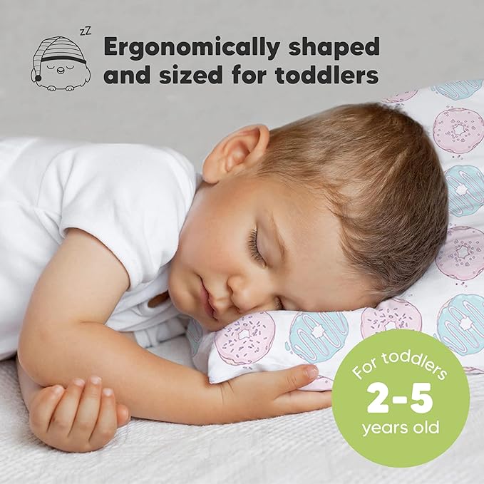 Toddler Pillow with Pillowcase - 13x18 My Little Dreamy Kids Travel Bed Pillows for Sleeping, Organic Cotton Small Pillowcase, Soft & Breathable, Machine Washable, Toddlers 2-5 Years Old (Donuts)