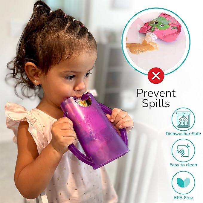 Flipping Holder 2-in-1 Baby Food Pouch & Juice Box Holder (2-pack) - No-Squeeze, Food-Safe Container with easy-grab Handles & Lid Fits GoGo, Capri Sun, Juice, Yogurt, & More