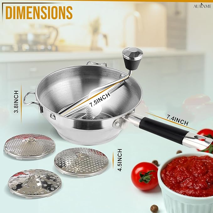 Premium Stainless Steel Food Mill - Effortless Pureeing, Straining & Milling for Soups, Sauces, Baby Food, and More – Includes 3 Interchangeable Discs – Durable & Easy-to-Clean Design