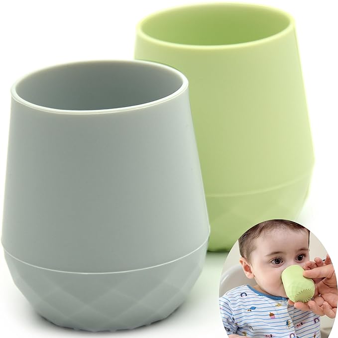 2 Pack Tiny Cup for 4+ Months | Silicone Baby Cups 6-12 Months, Infant Training Open Cup for Baby Led Weaning Supplies, 2oz (Pastel Earth)