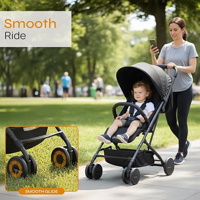 Jovial Lightweight Travel Baby Stroller with One-Hand Easy Fold, Compact Portable Baby Stroller for Everyday Use and Family Travel, with Canopy, Basket, and Included Storage Bag