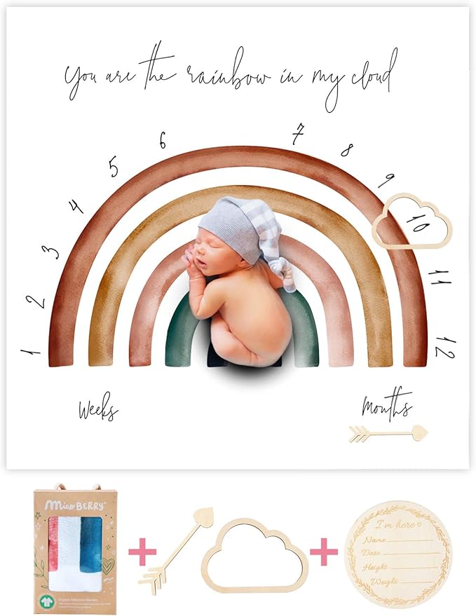 100% Organic Cotton Muslin Monthly Baby Milestone Blanket with Wooden Hello World Newborn Sign, Newborn Photography Props, Birth Announcement Sign, Rainbow