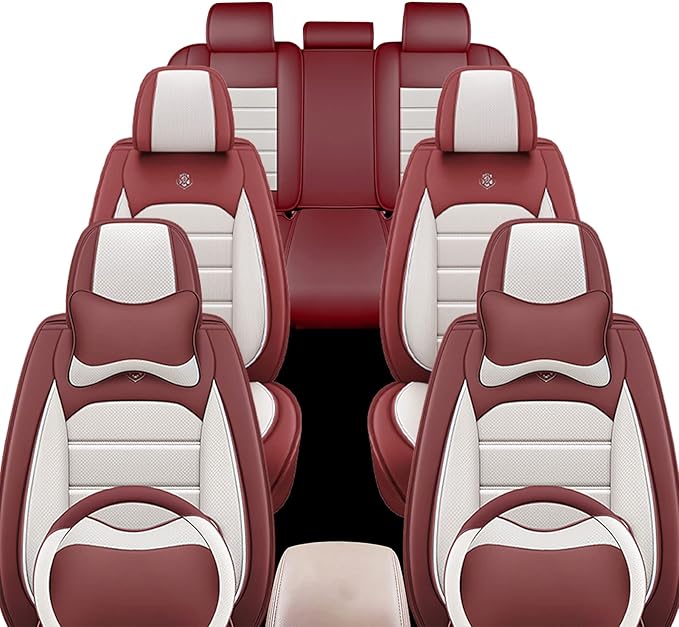 JOJ Car Seat Cover Fit for Toyota Highlander 2001-2025,7 Seat Car Seat Cover,No-Slip Waterproof Breathable Faux Leather,Full Set with Pillow Steering Wheel Covers,Cream Red