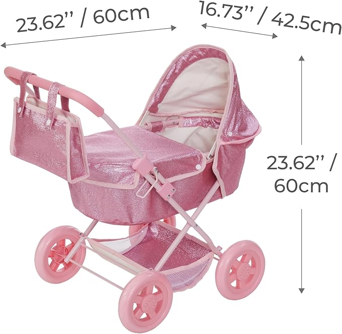 Olivia's Little World Baby Doll Bassinet Pram with Cover with Retractable Canopy & Storage, Hot Pink Glitter