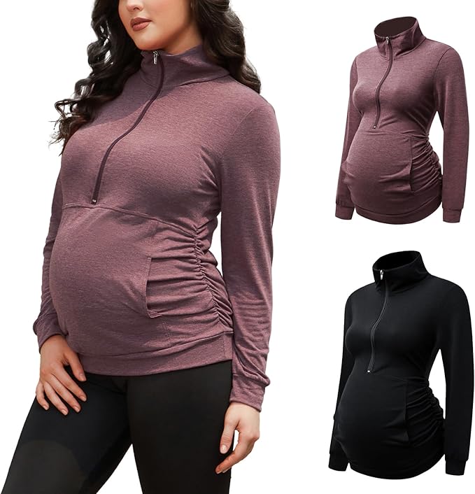GINKANA Maternity Women's Long Sleeve Shirt Half Zipper Lapel Lightweight Casual Maternity Pullover with Pockets