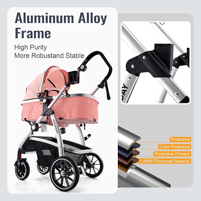 Baby Stroller, 2-in-1 Reversible Toddler Seat with Bassinet Mode, Foldable Infant Stroller with Canopy, One Button Brake, Adjustable Handle, Newborn Pushchair(Pink)