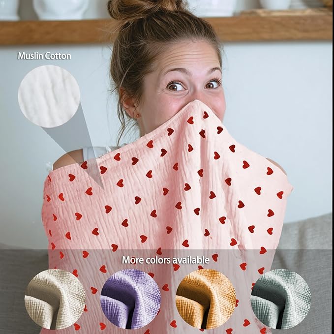 Muslin Nursing Covers for Breastfeeding, Arch Neckline Breast Feeding Covers for Women, Moms Privacy Breathable Summer Nursing Apron, 43.3" x 25.6" Soft Feeding Cover (Pink Red Heart)