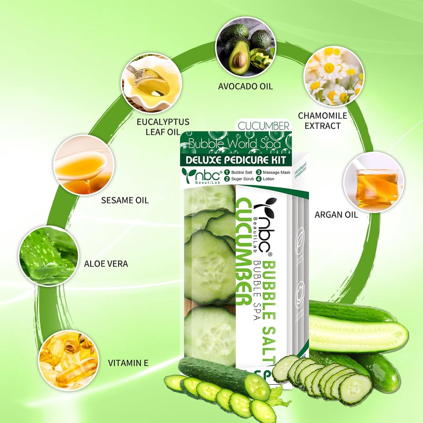 Pedicure Kit Foot Soak Set: Bubble Salt, Sugar Scrub, Massage Mask, Massage Lotion in a Box, 4 Step Foot Spa Kit for Dry Feet, Softens Calluses(3 Set Cucumber)