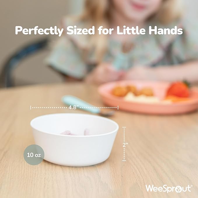WeeSprout Bamboo Kids Bowls with Lids, Set of Four 10 oz Kid-Sized Dinnerware, Cereal, Leftovers & Snack Bowl, Dishwasher Safe (Blue, Green, Gray, & Beige)