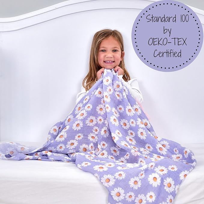LollyBanks Baby Blanket, 100% Cotton Muslin Swaddle Blanket, Soft Baby Girl Blanket 47 x 47 Inches, Nursery Swaddling Blankets for Girls, Baby Essentials, Registry (Daisy Print)
