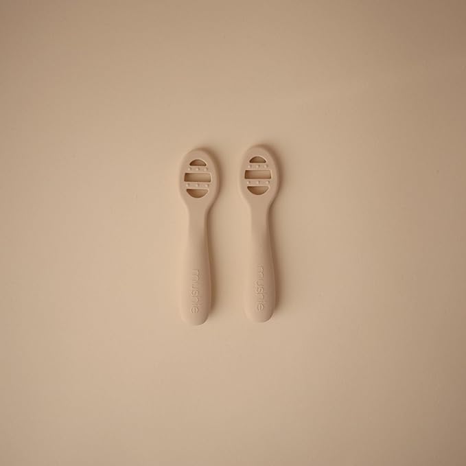 mushie Silicone First Feeding Baby Spoons | 2 Pack (Natural/Shifting Sand)
